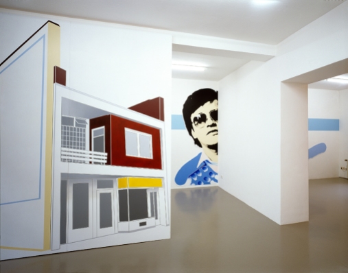 Daniela Brahm NIMBY - Not In My Backyard, 2001 Mirko Mayer Gallery, Cologne “Residually” oil on Forex on framework, 305 x 270 cm “Participant / Mr Yap #2” oil on Forex, cutouts, approx. 240 x 370 cm