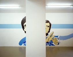 Daniela Brahm NIMBY - Not In My Backyard, 2001 Mirko Mayer Gallery, Cologne “Participant / Mr Yap #1 and #2” oil on Forex, cutouts, emulsion on wall