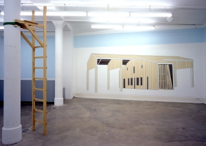 Daniela Bram our place, 2000 Barbara Thumm Gallery, Berlin Paintings from the series “Ideal Privacy” emulsion on wall, raised hide, “Big Potato” oil and adhesive foil on Forex, 240 x 600 cm