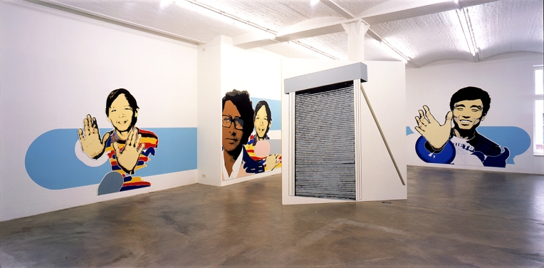 Daniela Brahm "Participation City" 2002 Barbara Thumm Gallery, Berlin “Participants”, emulsion on wall, free-standing “Rebuff” (photo: David Brandt)