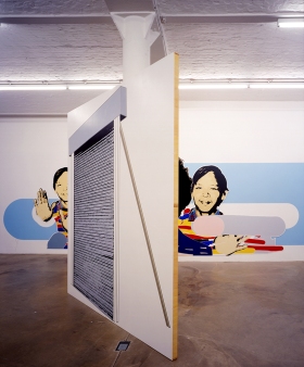 Daniela Brahm "Participation City" 2002 Barbara Thumm Gallery, Berlin “Participants”, emulsion on wall, free-standing “Rebuff” (photo: David Brandt)