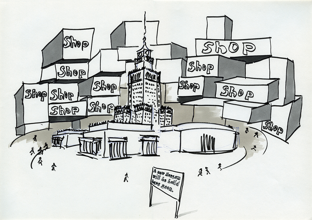 Daniela Brahm_„Warsaw fighting city / shop shop“ 2009, marker and ballpen on paper, 29,7 x 42 cm